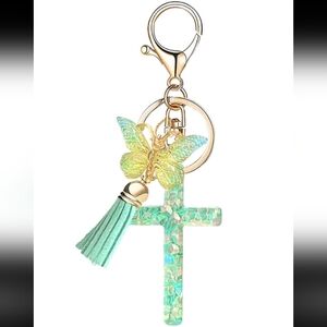 Green Gold Cross Butterfly Tassel Resin Keychain Bag Accessory